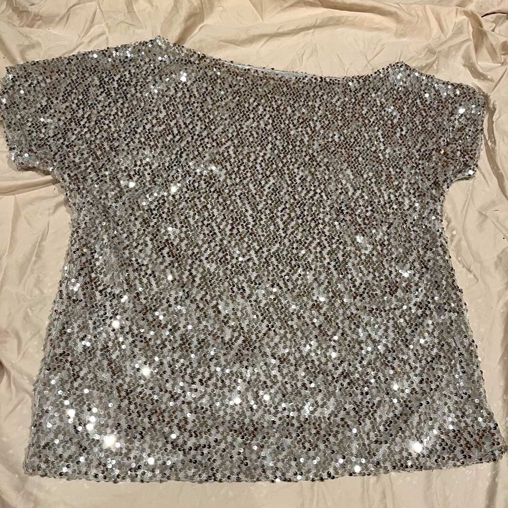 NWOT Silver Sequin Asymmetrical Collar Shirt